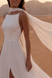 Vestido de Noiva Comprido em Chiffon Marfim com Lenço ao Pescoço e Racha