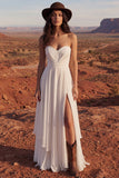 Vestido de Noiva Simples Sem Alças em Marfim Linha A Long Beach com Fenda