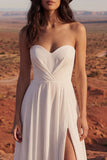 Vestido de Noiva Simples Sem Alças em Marfim Linha A Long Beach com Fenda