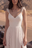 Vestido de Noiva Longo de Praia em Linha A de Decote em V, com Fenda