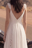 Vestido de Noiva Longo de Praia em Linha A de Decote em V, com Fenda