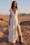 Zapaka Mulheres Vestido de Noiva Longo Estilo Boho em Marfim com Decote em V e Folhos