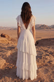 Vestido de Noiva Longo Estilo Boho em Chiffon cor de Marfim com Decote em V e Folhos