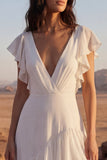 Vestido de Noiva Longo Estilo Boho em Chiffon cor de Marfim com Decote em V e Folhos