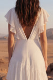 Vestido de Noiva Longo Estilo Boho em Chiffon cor de Marfim com Decote em V e Folhos