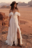 Vestido de Noiva Maxi Beach de Linha A em Marfim com Folhos