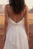 Vestido de Noiva Praia Alças Finas Marfim Linha-A com Folhos