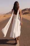 Alças finas em marfim A linha Long Beach Bridal Dress com Fenda