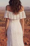 Vestido de Noiva Boémio Longo de Sereia em Marfim Floral com Folhos