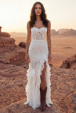 Vestido de Noiva Boho Comprido Estilo Tubinho em Renda Marfim com Folhos