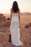 Vestido de Noiva Boho Comprido Estilo Tubinho em Renda Marfim com Folhos