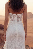 Vestido de Noiva Boho Comprido Estilo Tubinho em Renda Marfim com Folhos