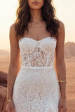 Vestido de Noiva Boho Comprido Estilo Tubinho em Renda Marfim com Folhos