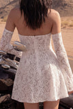 Vestido de Noiva Curto Sem Alças em Renda Marfim