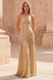 Vestido de Baile de Baile Longo de Baile A-Line Strapless, alças e franzidas, dourado