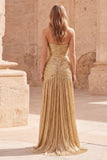 Vestido de Baile de Baile Longo de Baile A-Line Strapless, alças e franzidas, dourado