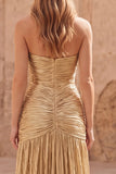 Vestido de Baile de Baile Longo de Baile A-Line Strapless, alças e franzidas, dourado