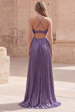 Vestido longo de baile de finalistas roxo com caber em linha A, oco e oco