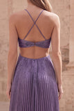 Vestido longo de baile de finalistas roxo com caber em linha A, oco e oco