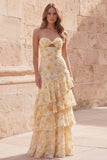 Vestido de Baile de Baile de Finalistas com Flor Amarela Flor Amarela de Sereia Namorada Hollow com Folhos