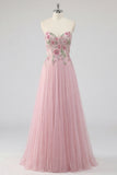 Vestido de Baile de Tule A-Line A-Line Rosa Brilhante com Aplicações de Tulle com Missangas