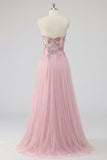 Vestido de Baile de Tule A-Line A-Line Rosa Brilhante com Aplicações de Tulle com Missangas