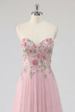 Vestido de Baile de Tule A-Line A-Line Rosa Brilhante com Aplicações de Tulle com Missangas