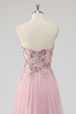 Vestido de Baile de Tule A-Line A-Line Rosa Brilhante com Aplicações de Tulle com Missangas