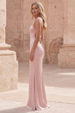 Vestido Comprido de Baile de Cetim com Alças Finas de Sereia Rosa