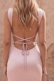 Vestido Comprido de Baile de Cetim com Alças Finas de Sereia Rosa