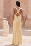 Vestido Amarelo Comprido para Convidada de Casamentode Cetim com Alças Finas