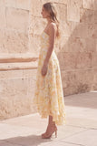 Vestido Amarelo Linha-A Coração Midi Floral com Aplicações para Convidada de Casamento