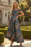 Vestido de Cerimónia Assimétrico em Jacquard Azul Pavão