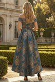 Vestido de Cerimónia Assimétrico em Jacquard Azul Pavão