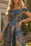 Vestido de Cerimónia Assimétrico em Jacquard Azul Pavão