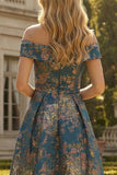 Vestido de Cerimónia Assimétrico em Jacquard Azul Pavão