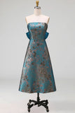 Vestido de Cerimónia Floral Sem alças Azul Pavão Linha Longa com Laço