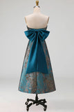 Vestido de Cerimónia Floral Sem alças Azul Pavão Linha Longa com Laço