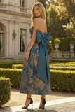 Vestido de Cerimónia Floral Sem alças Azul Pavão Linha Longa com Laço