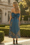 Vestido de Cerimónia Floral Sem alças Azul Pavão Linha Longa com Laço
