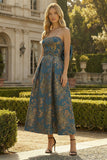 Vestido de Cerimónia Floral Sem alças Azul Pavão Linha Longa com Laço