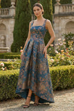 Vestido de Cerimónia Assimétrico Azul Pavão Linha Quadrada