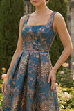 Vestido de Cerimónia Assimétrico Azul Pavão Linha Quadrada