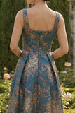 Vestido de Cerimónia Assimétrico Azul Pavão Linha Quadrada