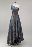 Vestido de Cerimónia Comprido Um Ombro Azul Pavão