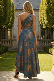 Vestido de Cerimónia Comprido Um Ombro Azul Pavão