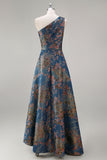 Vestido de Cerimónia Comprido Um Ombro Azul Pavão