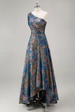 Vestido de Cerimónia Comprido Um Ombro Azul Pavão