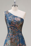 Vestido de Cerimónia Comprido Um Ombro Azul Pavão