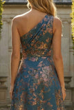 Vestido de Cerimónia Comprido Um Ombro Azul Pavão